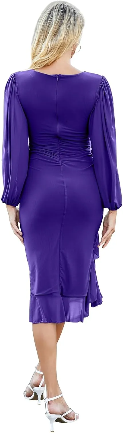 Ruched Bodycon Dress for Women Long Sleeve Midi Wedding Guest Dress Cocktail Party
