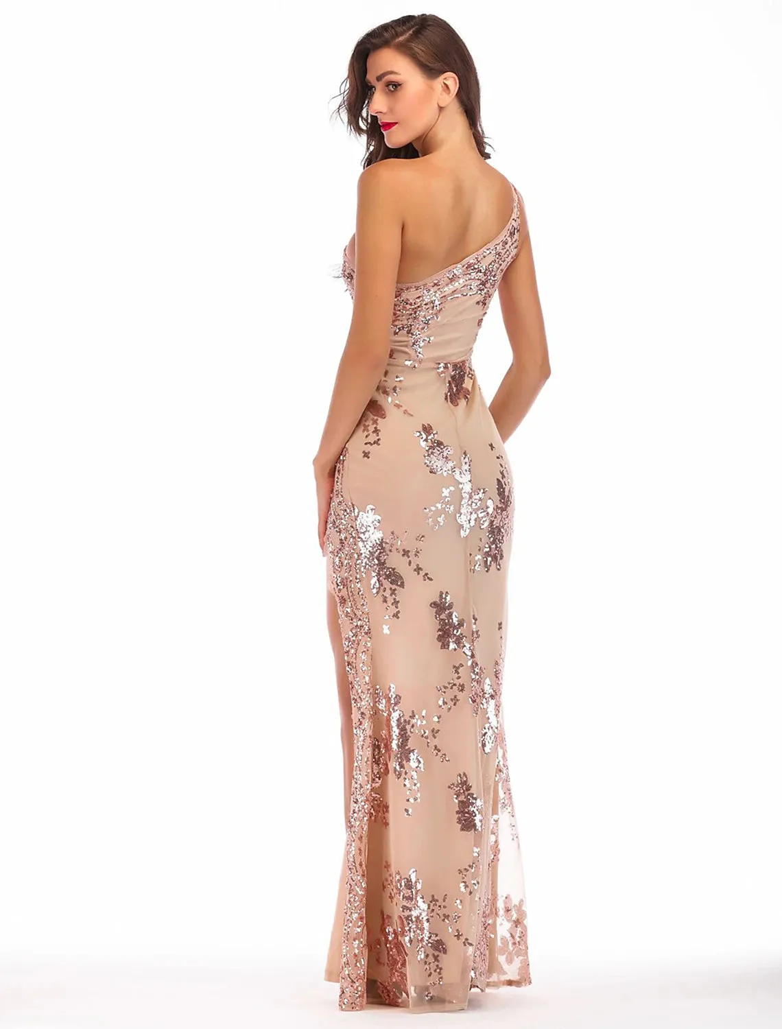 Sheath / Column Evening Gown Vintage Dress Holiday Party Wear Floor Length Sleeveless One Shoulder Cotton Blend Backless with Sequin Splicing