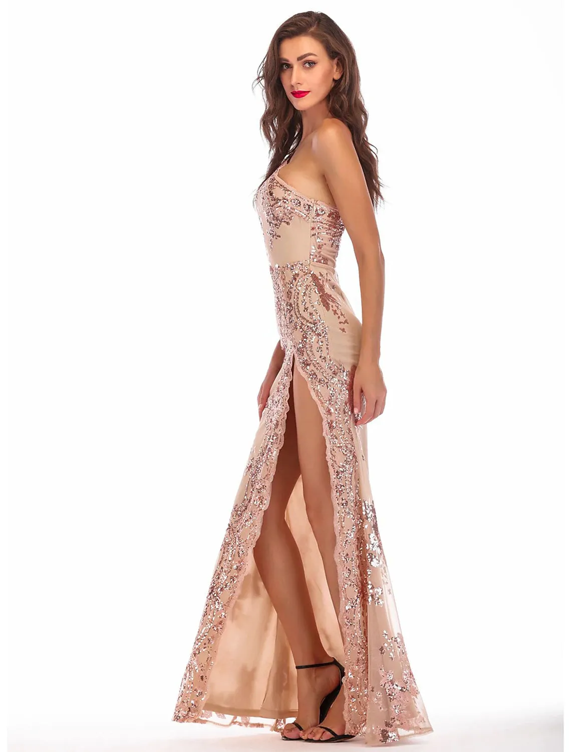 Sheath / Column Evening Gown Vintage Dress Holiday Party Wear Floor Length Sleeveless One Shoulder Cotton Blend Backless with Sequin Splicing