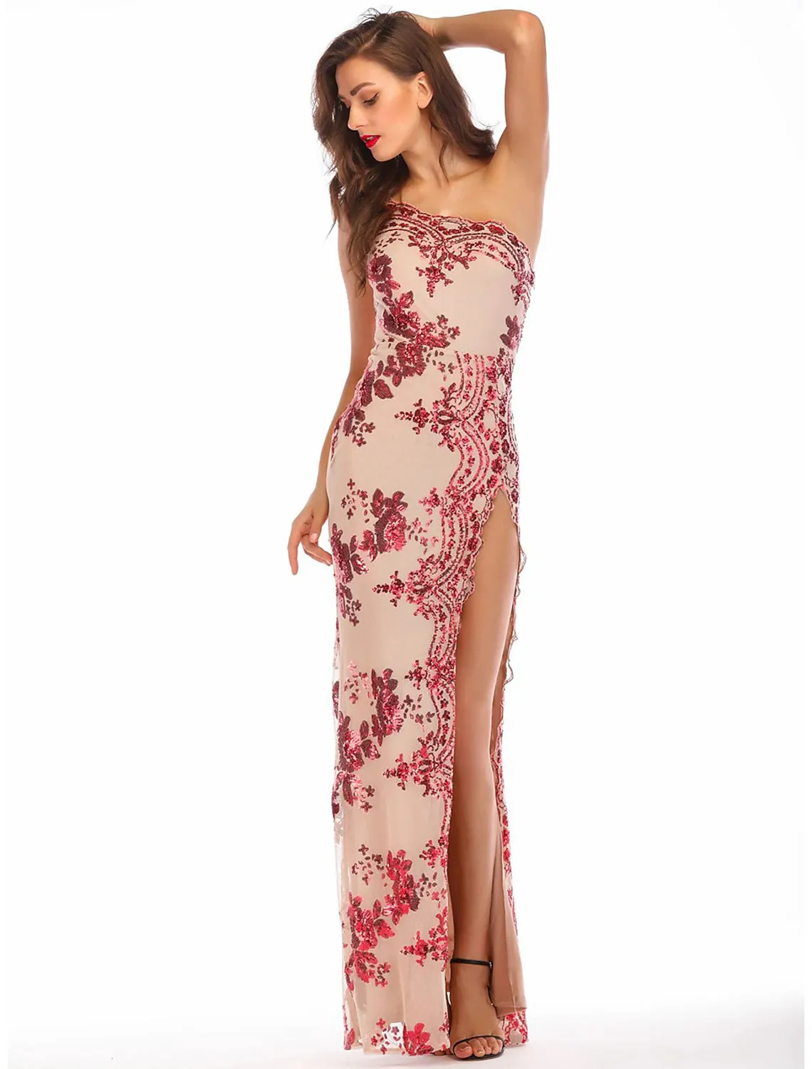 Sheath / Column Evening Gown Vintage Dress Holiday Party Wear Floor Length Sleeveless One Shoulder Cotton Blend Backless with Sequin Splicing
