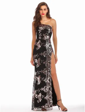 Sheath / Column Evening Gown Vintage Dress Holiday Party Wear Floor Length Sleeveless One Shoulder Cotton Blend Backless with Sequin Splicing