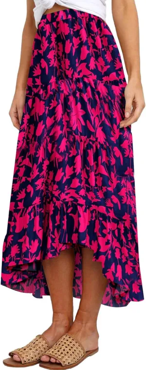 SimpleFun Women's Long Skirts Boho Floral Elastic High Waist Asymmetrical Hem Midi Skirt