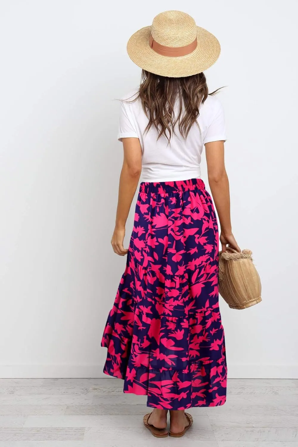 SimpleFun Women's Long Skirts Boho Floral Elastic High Waist Asymmetrical Hem Midi Skirt