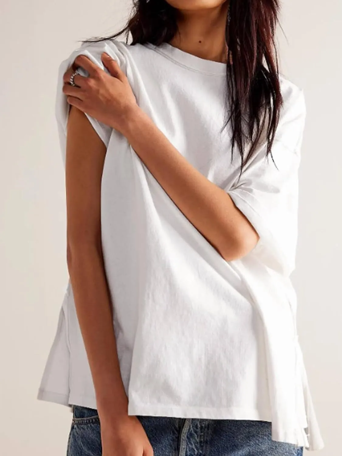 Tankaneo Womens Oversized Tshirts Summer Casual Short Sleeve Crew Neck T Shirt Loose Fit Side Slit Tee Tops