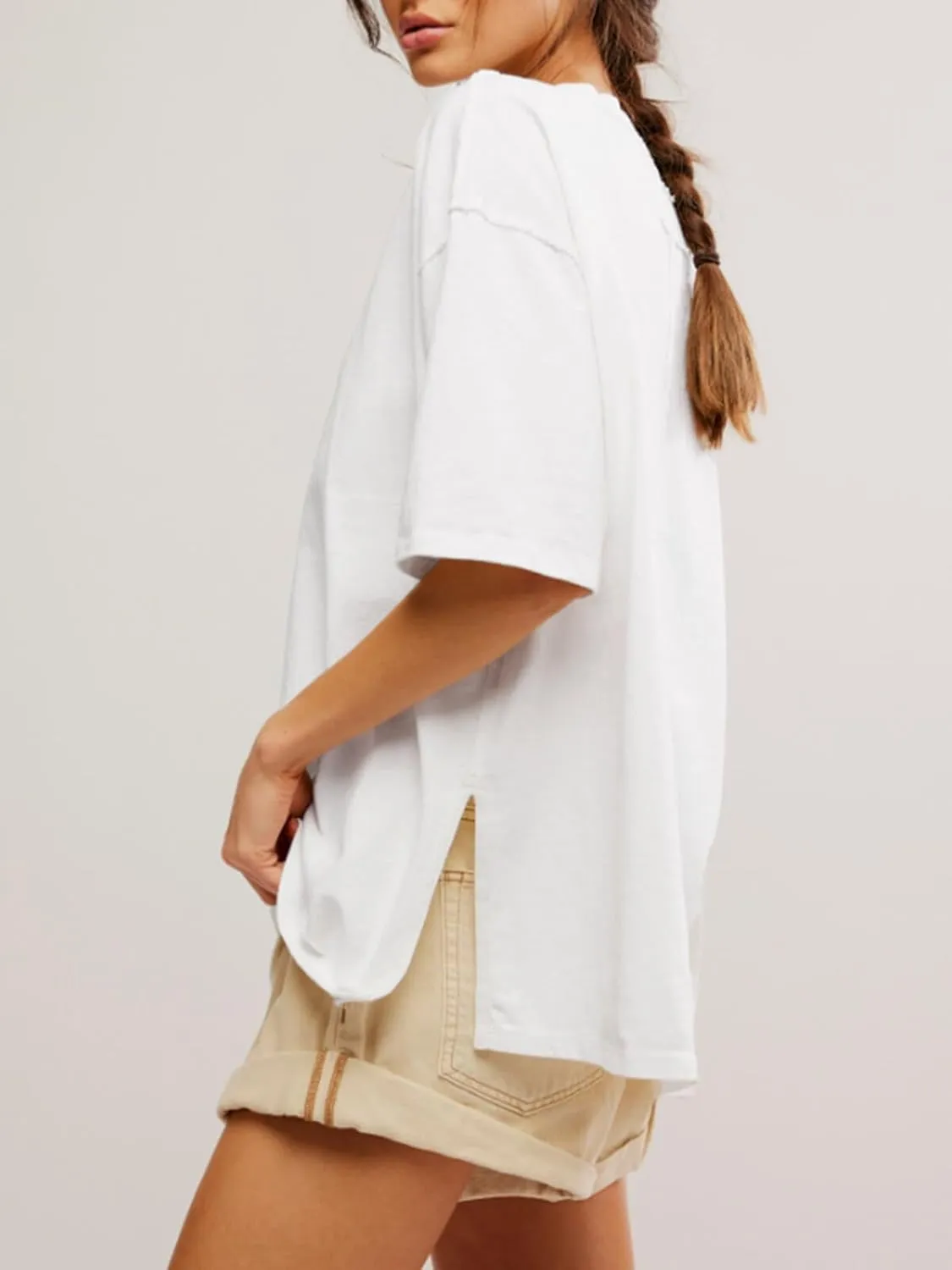 Tankaneo Womens Oversized Tshirts Summer Casual Short Sleeve Crew Neck T Shirt Loose Fit Side Slit Tee Tops