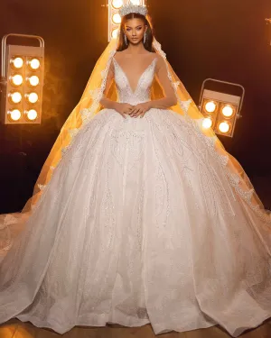 V-Neck White Embroidered Ball Gown