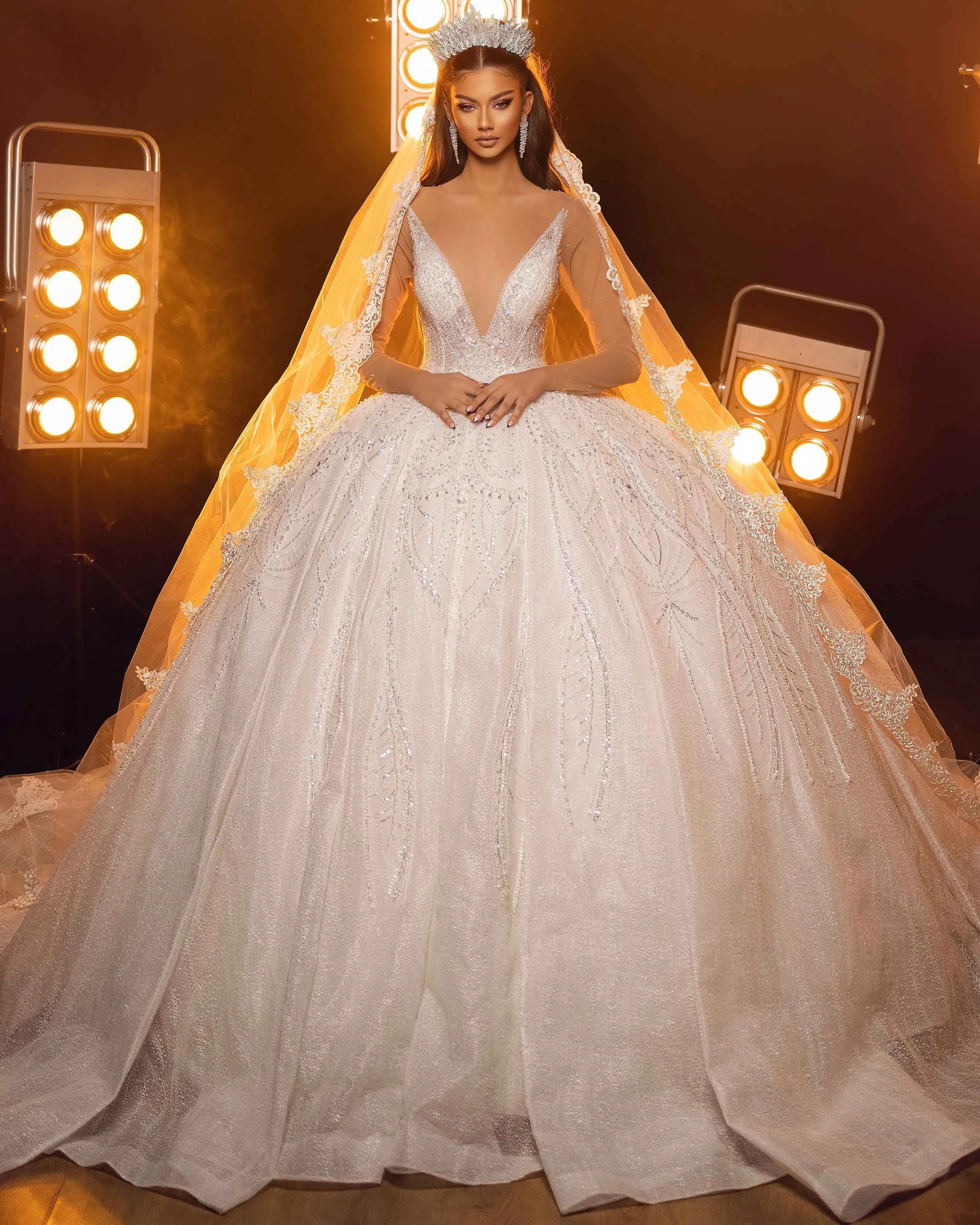 V-Neck White Embroidered Ball Gown