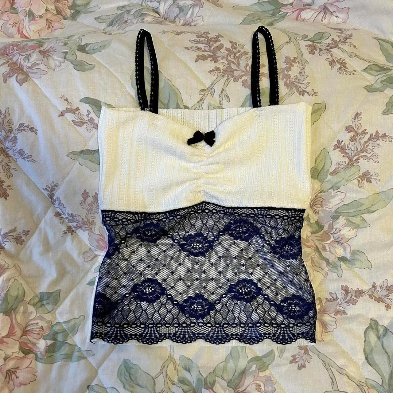 Women Y2k Floral Print Camisole Fairy Cute Lace Trim Spaghetti Strap Crop Top Vintage Summer Vest Tank Top Streetwear