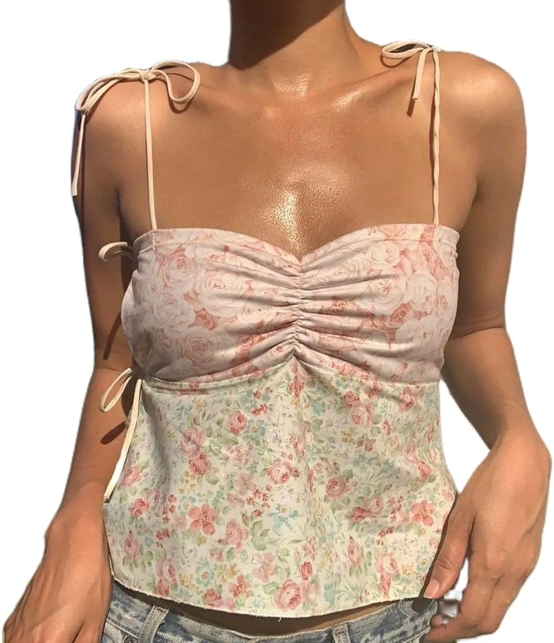 Women Y2k Floral Print Camisole Fairy Cute Lace Trim Spaghetti Strap Crop Top Vintage Summer Vest Tank Top Streetwear