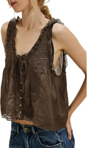 Women Y2k Tank Tops Lace Trim Sleeveless Sheer See Through Lace Up Button Cami Shirt Going Out Tops Vest