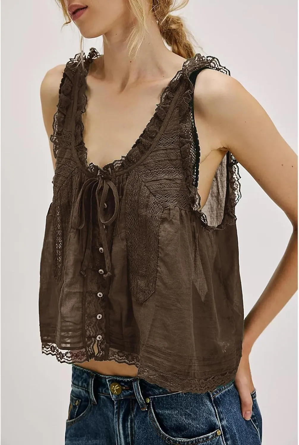 Women Y2k Tank Tops Lace Trim Sleeveless Sheer See Through Lace Up Button Cami Shirt Going Out Tops Vest