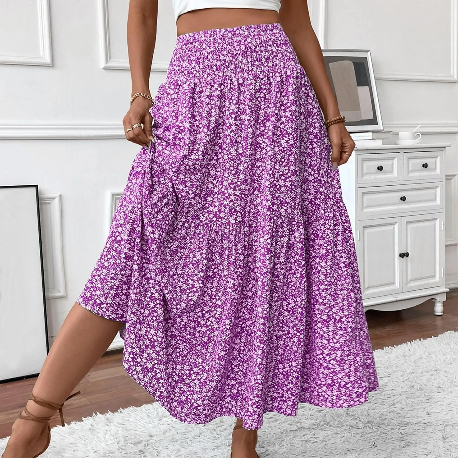 Women's Boho Skirts Summer Casual Loose Trendy Elastic Waist Floral Printed Bohemian Flowy A-Line Skirt 2025, S-XL