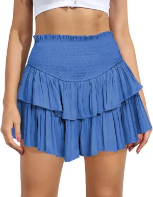 Women's Cute High Waist Ruffle Mini Skirt Layered Ruffle Hem Flared Flowy Casual Swing Beach Mini Short Skirt