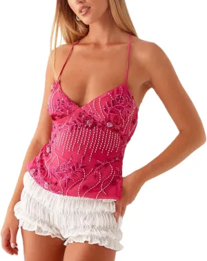 Womens Sequin Cami Tank Top Y2k Sparkly Floral Tops Sexy Pearl Embellished Tops Bling Glitter Rhinestone Camisole