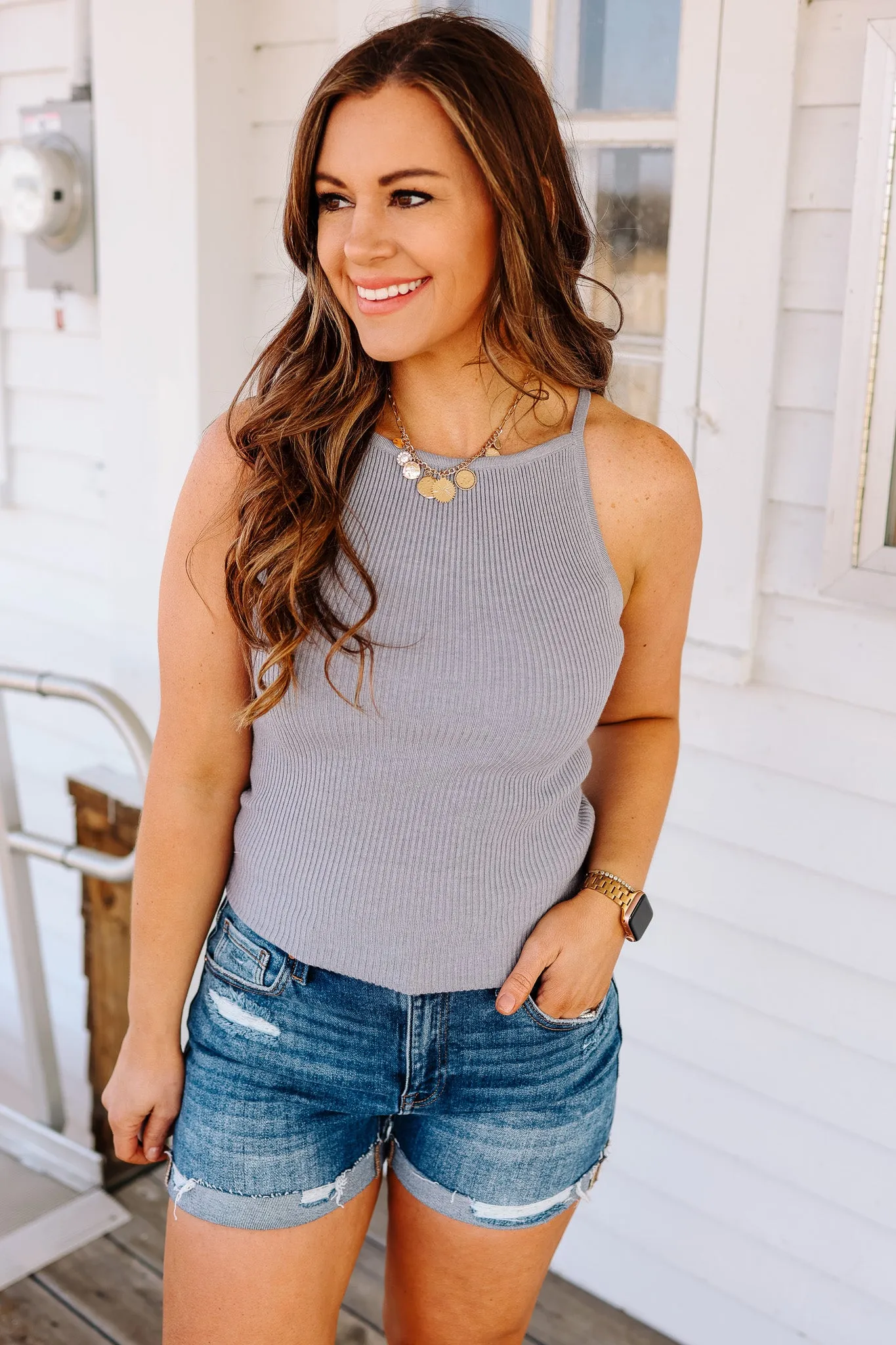 Zara Ribbed Knit Tank Top - Blue
