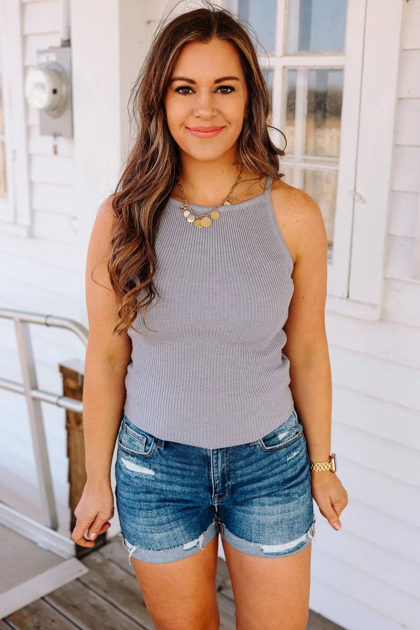 Zara Ribbed Knit Tank Top - Blue