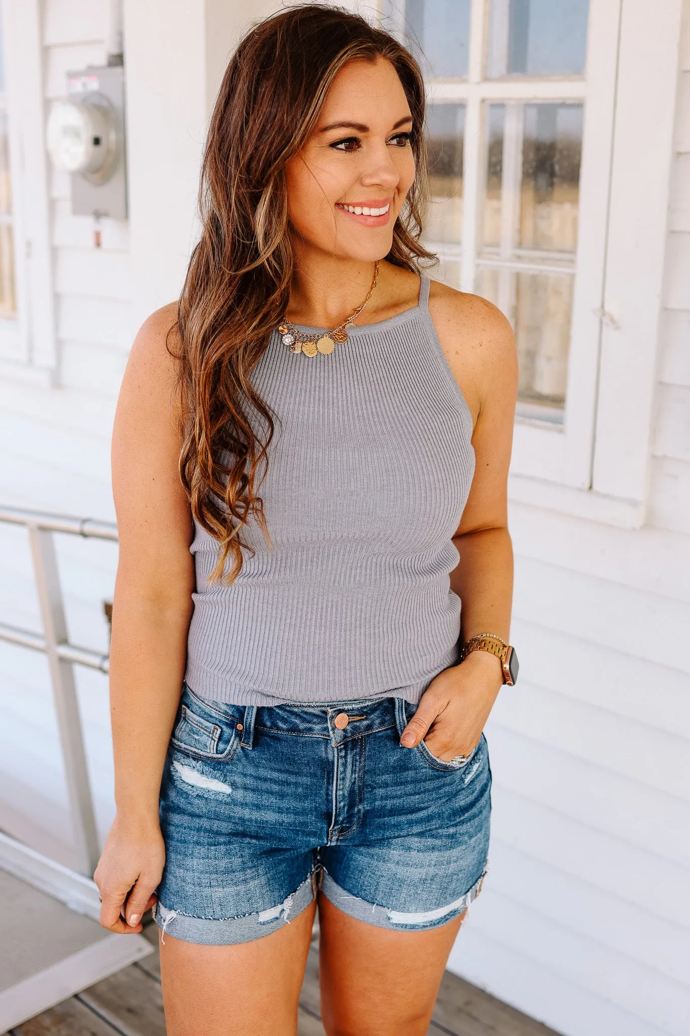Zara Ribbed Knit Tank Top - Blue