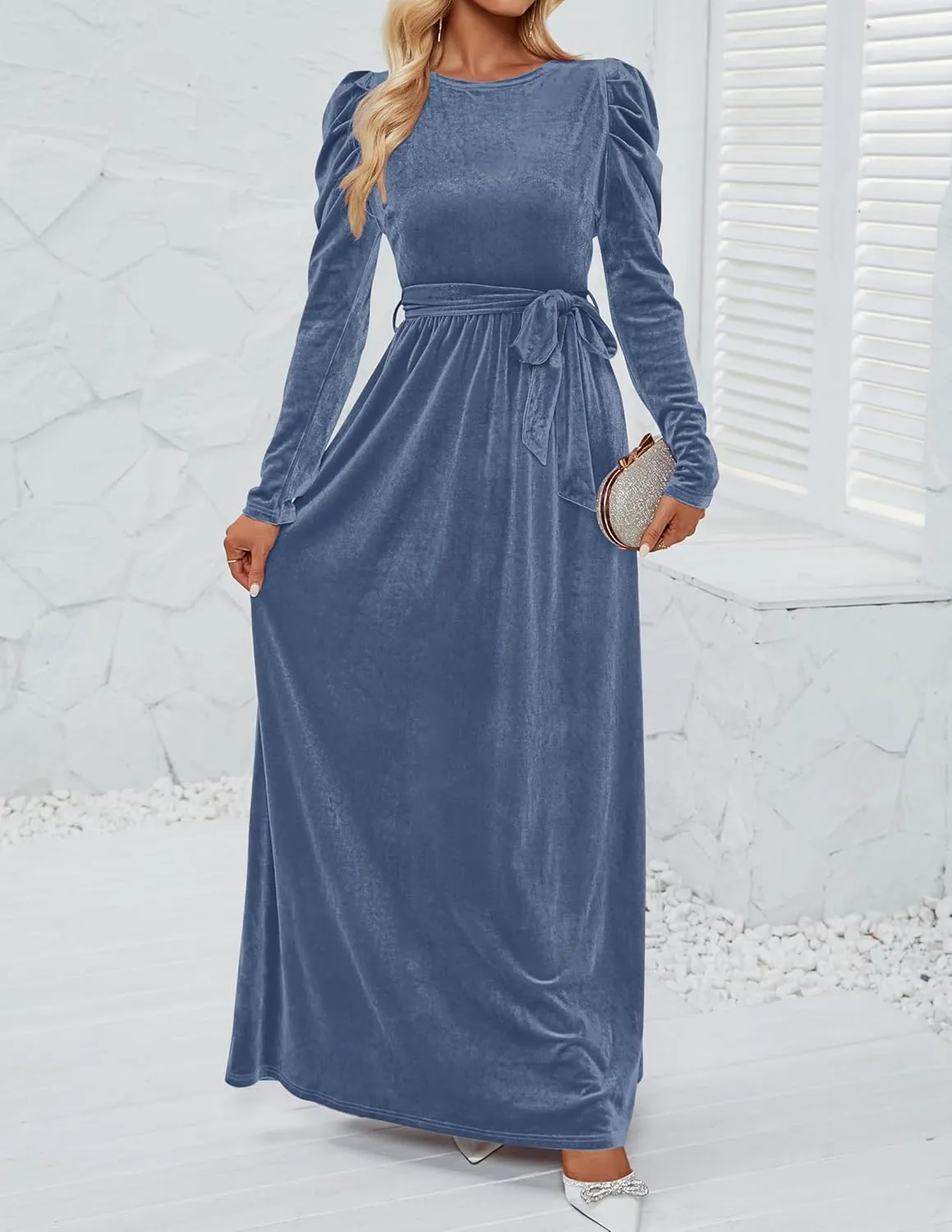 ZESICA Women's Velvet Maxi Dress Long Puff Sleeve Crew Neck Elastic High Waist Cocktail Party Bridesmaid Dresses