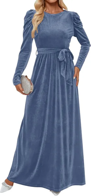 ZESICA Women's Velvet Maxi Dress Long Puff Sleeve Crew Neck Elastic High Waist Cocktail Party Bridesmaid Dresses