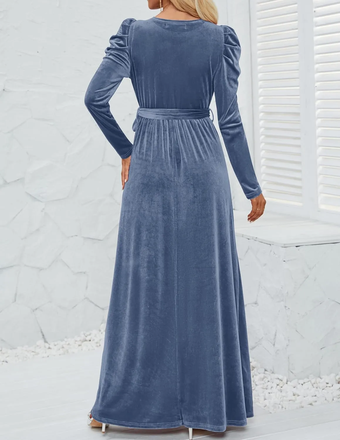 ZESICA Women's Velvet Maxi Dress Long Puff Sleeve Crew Neck Elastic High Waist Cocktail Party Bridesmaid Dresses