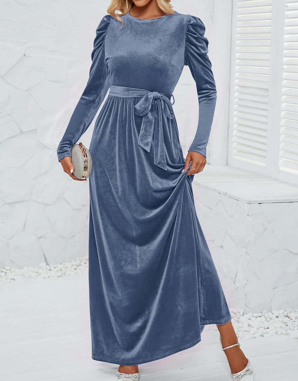 ZESICA Women's Velvet Maxi Dress Long Puff Sleeve Crew Neck Elastic High Waist Cocktail Party Bridesmaid Dresses