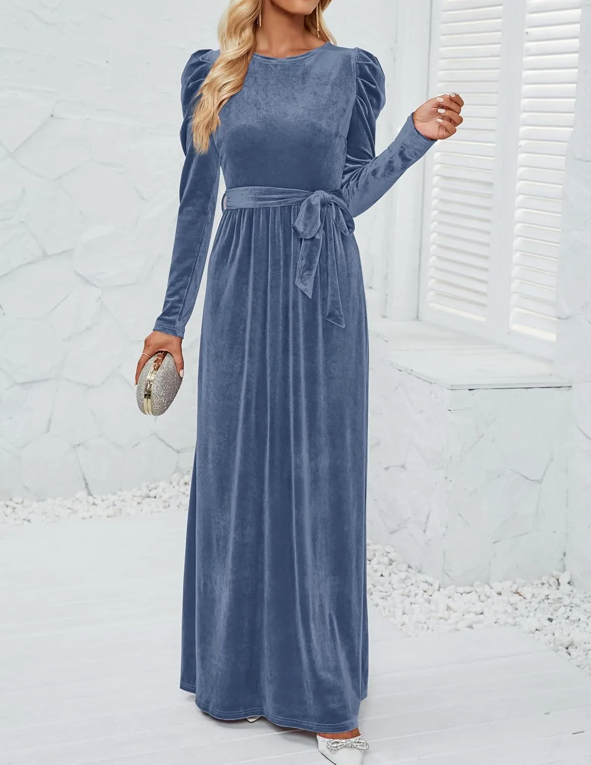 ZESICA Women's Velvet Maxi Dress Long Puff Sleeve Crew Neck Elastic High Waist Cocktail Party Bridesmaid Dresses